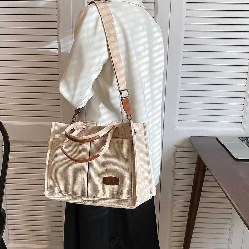 Corduroy Tote Bag for Women Spring Summer Wide Strap Shoulder Bag Crossbody Purse with Pocket Casual Commute Handbag Bucket BagT251121