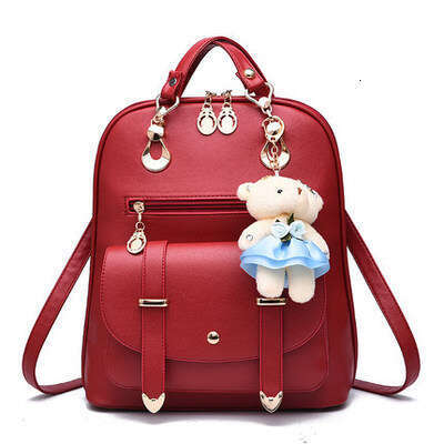 Women's New Korean Trendy Fashion Ladies PU Leather Student Casual Backpack College Style Bear Hanging Bag