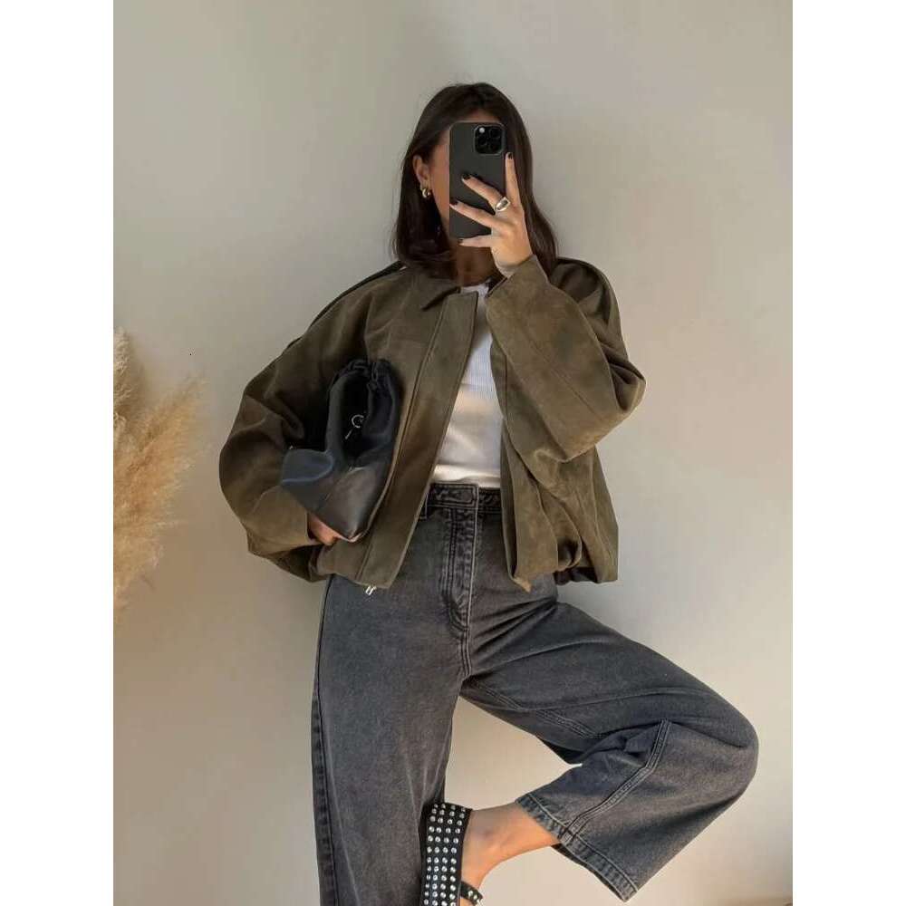 Designer Clothing Clothing Brown Green Suede Jacket Women Lapel Zipper Long Sleeve Pockets Bomber Coat 2025 Spring Autumn Lady Loose Motorcycle Outwea
