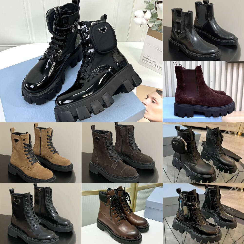 Luxury boot designer womens shoes triangle round-toe latform thick-soled pocket cowhide patchwork Patent Patent Leather anti-slip mid-calf ankle Martin boots