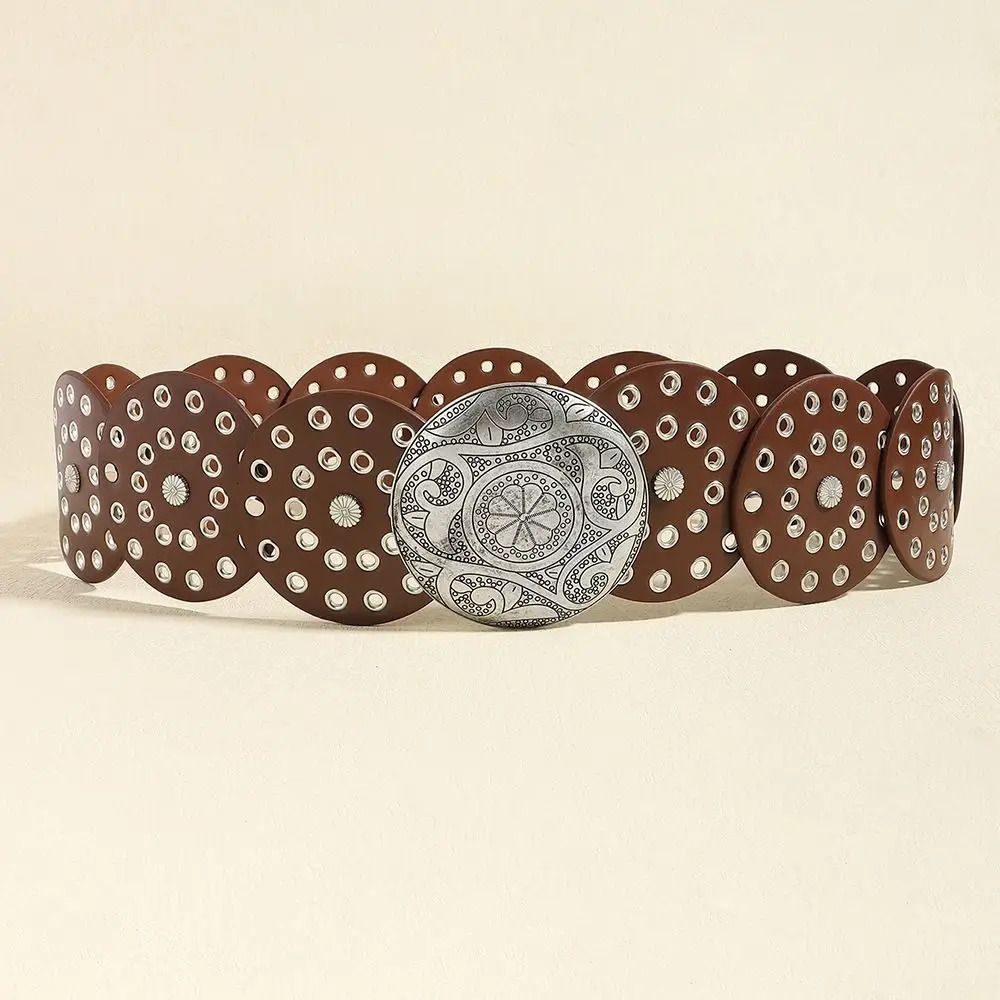 Round Hollow Belt Vintage PU Disc Wide Belts Metal Buckle Cowboy Western Style Exaggerated For Women Adjustable 250603