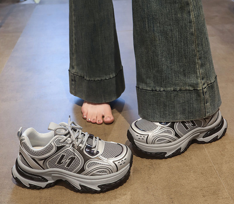 Free shipping Designer Casual Shoes Womens thick soled height increasing womens shoes, 2025 new casual sports shoes mesh womens shoes grey white