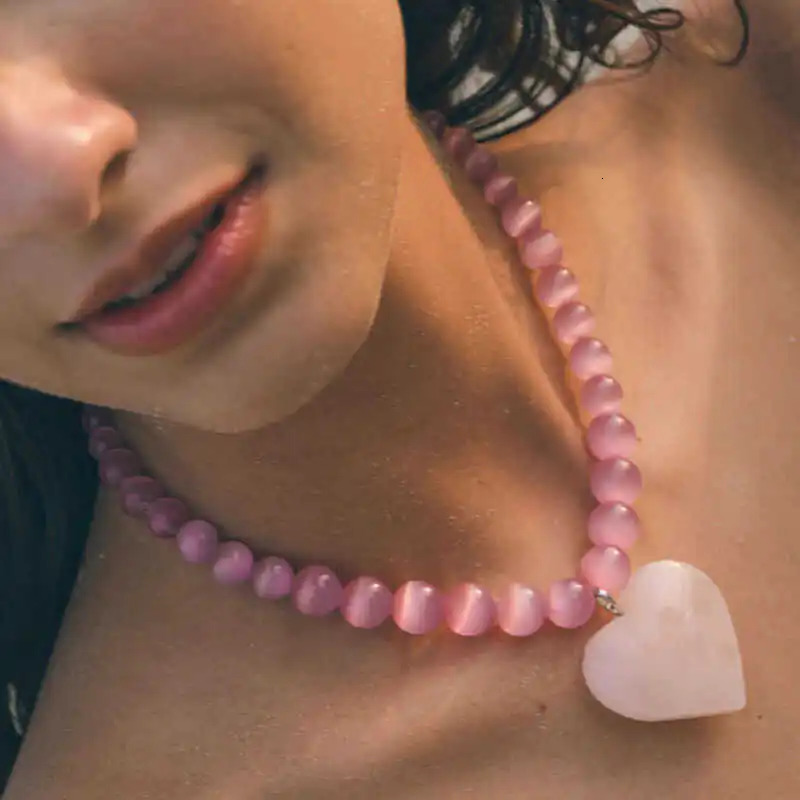 1 natural pink Cateye bead rose quartz heartshaped stone pendant necklace for summer and womens crystal series peach green 250421