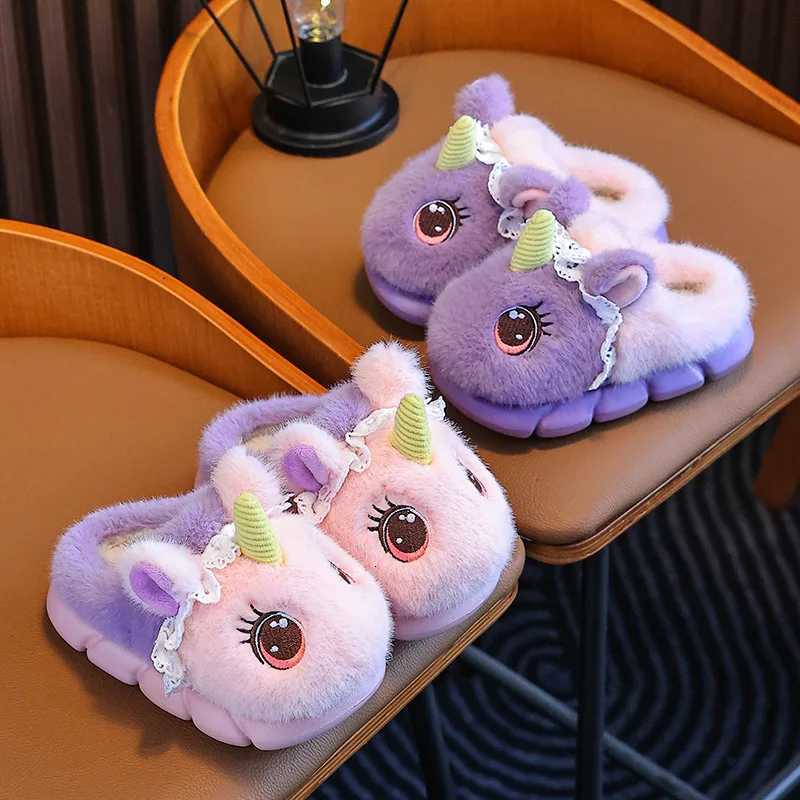 Winter Girls Slippers Cute cartoon Fluffy CHIldren Slippers Plush Warm Soft Sole Kids Indoor Cotton ShoesW251121