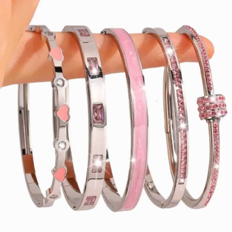 5 Stackable Gold Color Bangle Bracelet Set for Women - 18K Gold Plated Stainless Steel Pink Crystal Love Heart Bracelet JewelryW251121