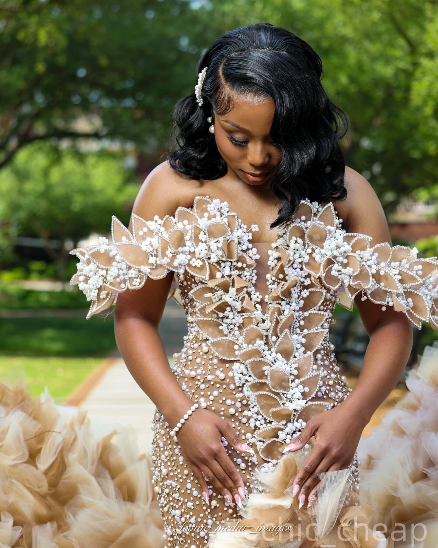 Champagne Mermaid Prom Dresses 2025 Florals Tiers Pearls Evening Formal Party Second Birthday Engagement Gowns Plus Size Dress For Special Occasions