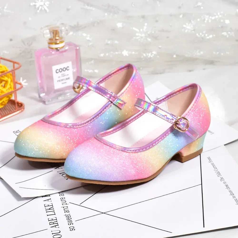 Princess Shoes for Girls Spring Autumn Glitter Fashion Kids Dress Leather Shoe Rainbow Sequins Children Party Wedding High HeelsW251121