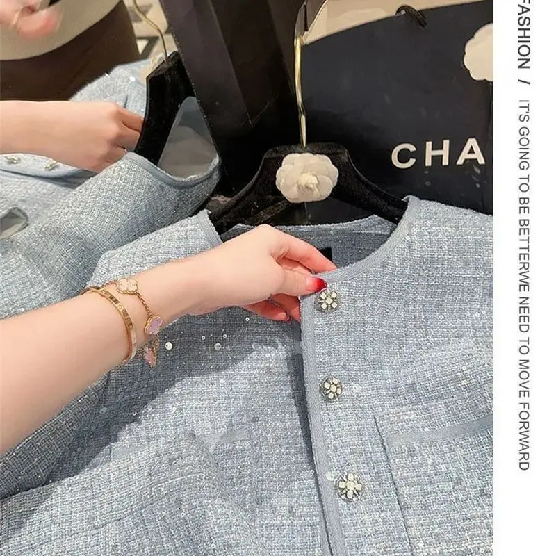 BAFU Summer Small Fragrance Tweed Outfit Elegant Two-Piece Set Women Single-Breast TopPocket Shorts Sequin Party Suit 103P 251114