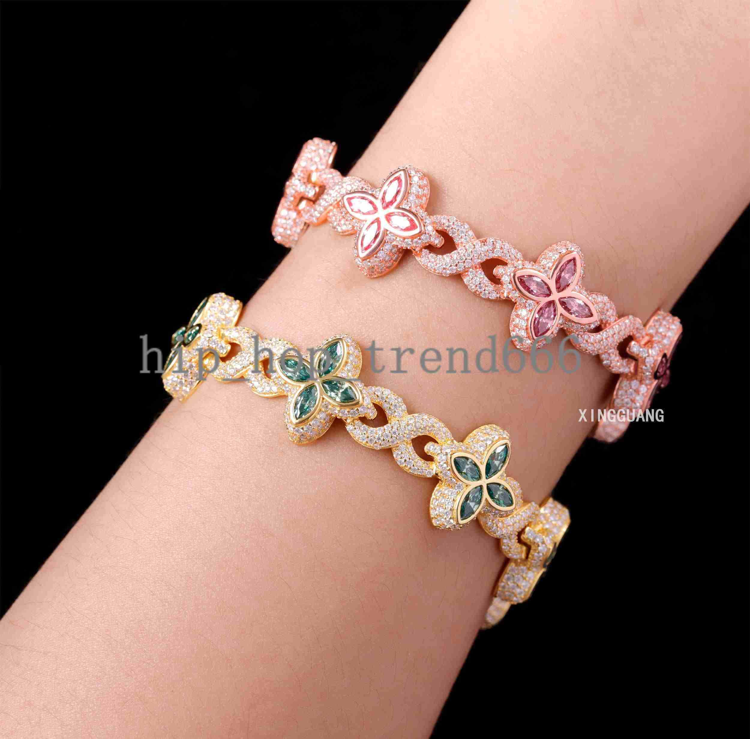 Hot Sale Women Fine pink Green Diamonds Moissanite Clover Charms Infinity Cuban Links Bracelet 925 Silver Cuban Chain Jewelry