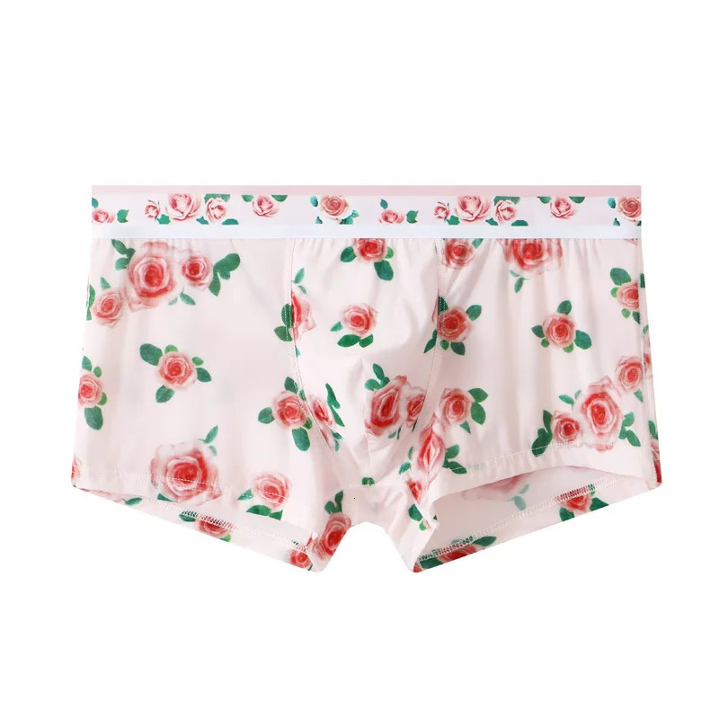 Mens boxing summer cool underwear ice silk quick drying floral printed Ushaped invisible bag 250417