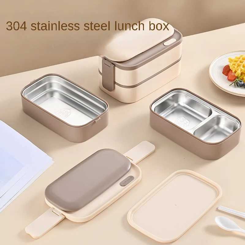 304 Stainless Steel Lunch Box 2 Layers Divided Microwavable Bento Box for Students Office Worker Portable Sealed Food ContainersM251121