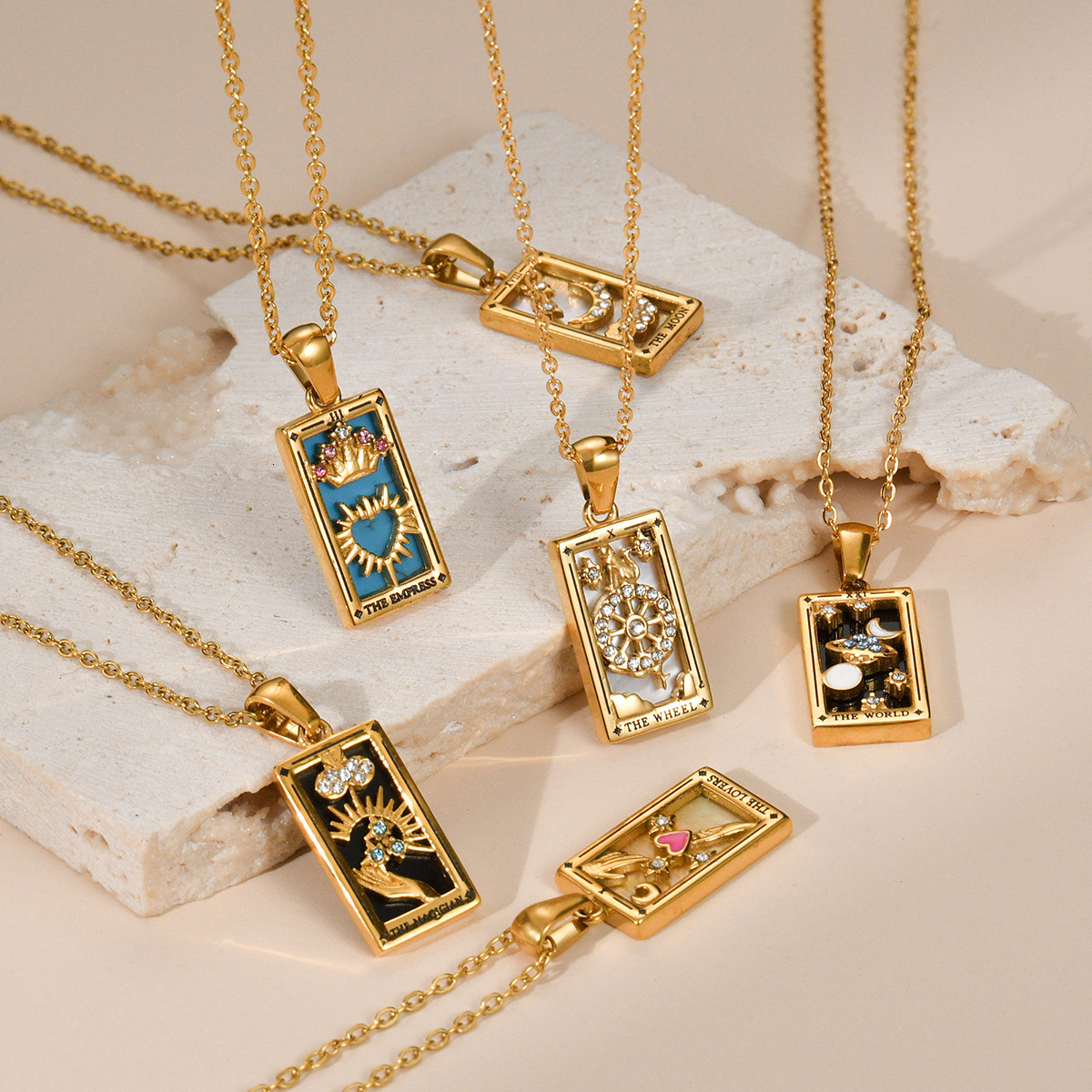Highly praised hot item electroplated real gold tarot with dia drip oil square card stainless steel necklace