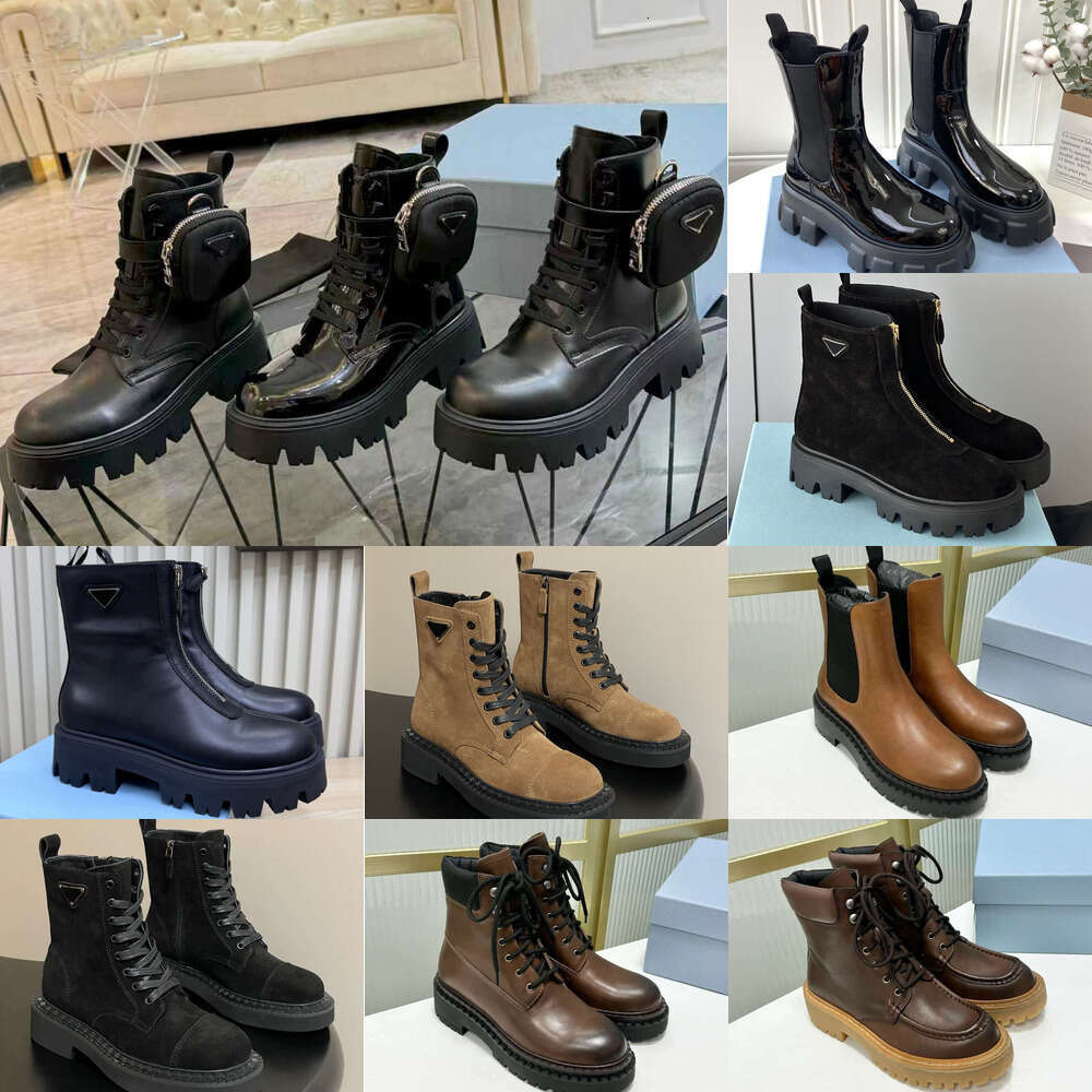 Luxury boot designer womens triangle round-toe elastic side platform pocket cowhide patchwork Patent Patent Leather anti-slip mid-calf ankle Martin boots shoes