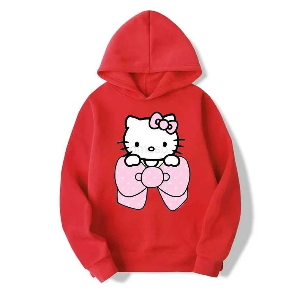 Sanrio Girls fashion warm cute Hello Kitty bow print hooded sweatshirt fall and winter casual versatile warm long-sleeved tops H251121