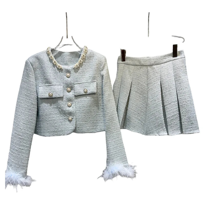 Winter Elegant Womens Arrival Pearls Buttons Feathers Sleeve Cuff Tweed Jacket Short Pleated Skirt 2Piece Set Outfits 251114