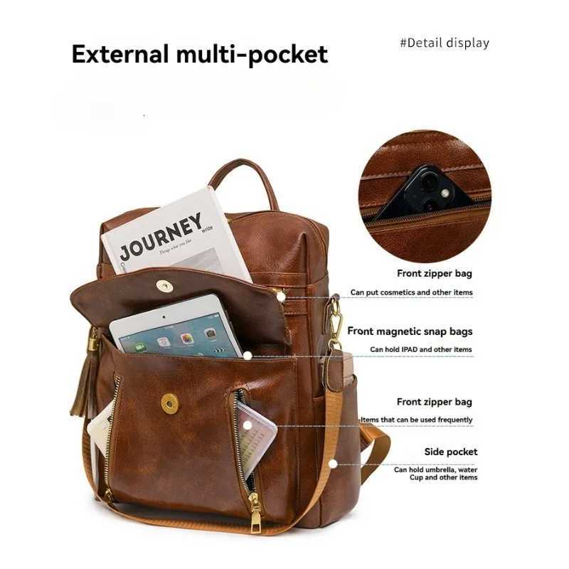 New Womens PU Leather Waterproof Anti-theft Designer Large Retro College Travel Backpack Shoulder Bag Wallet with Tassel BrowW251121