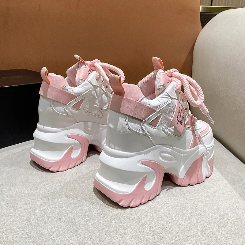 Women High Platform Casual Leather Shoes Autumn Laceup Chunky Sneakers 10CM Wedges Hidden Heels Leisure Woman 251121