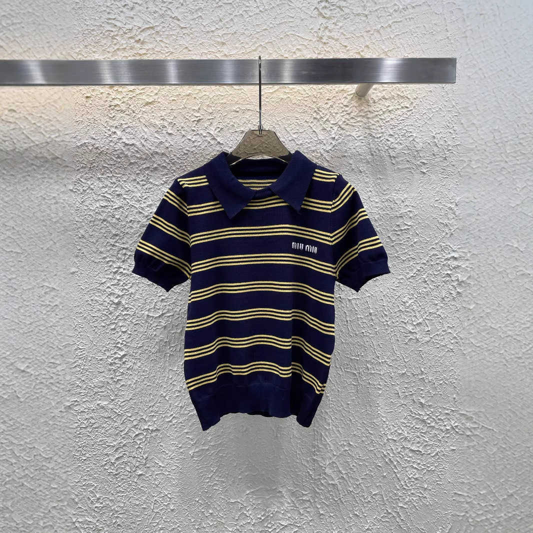 Mm25 Spring New College Style Collar Striped Knitted Short Sleeve Y25042076t8