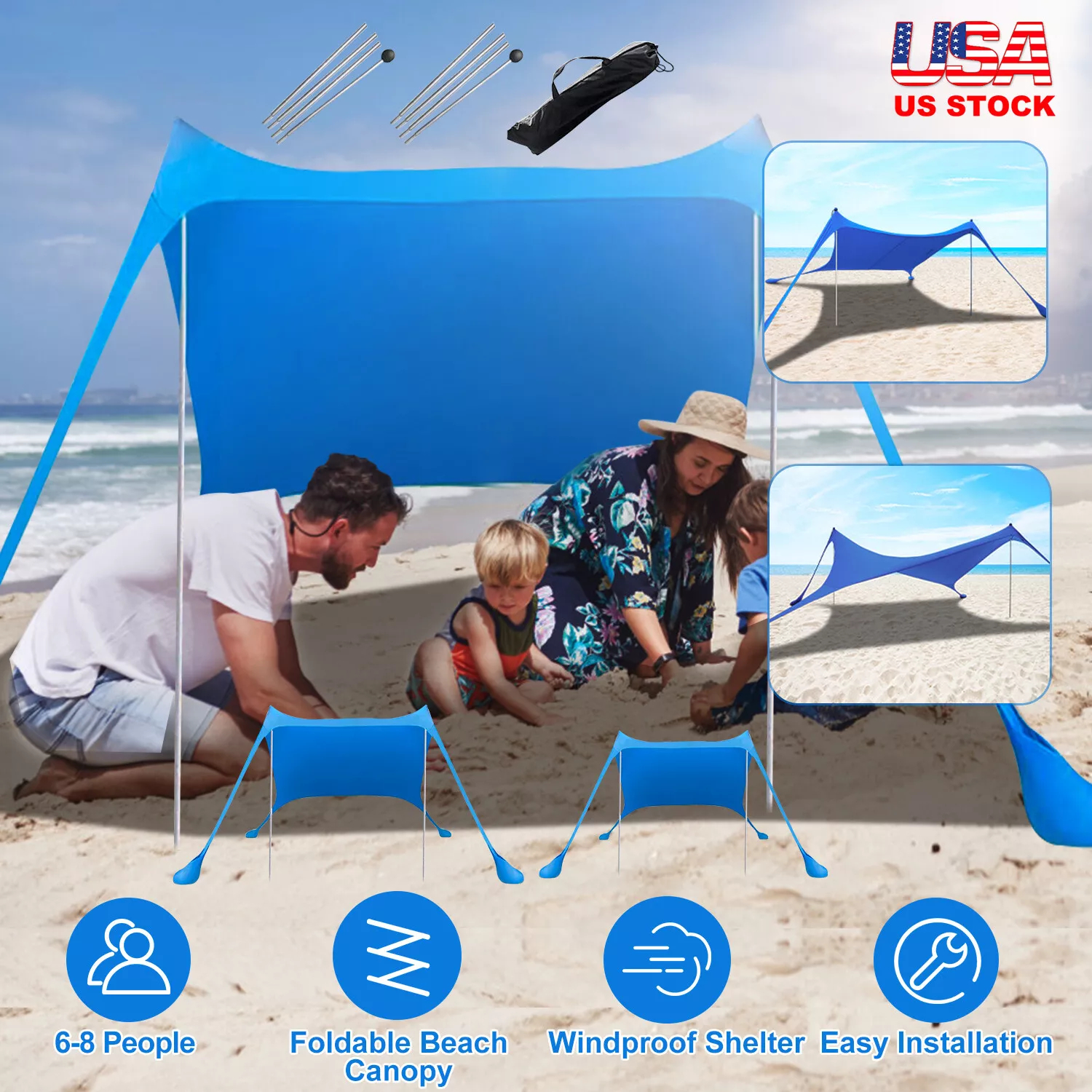 2-Pole Beach Canopy Tent with UPF 50+ UV Protection, Sandbags & Accessories - Large Sun Shade for Camping, Fishing, Backyard & Picnic