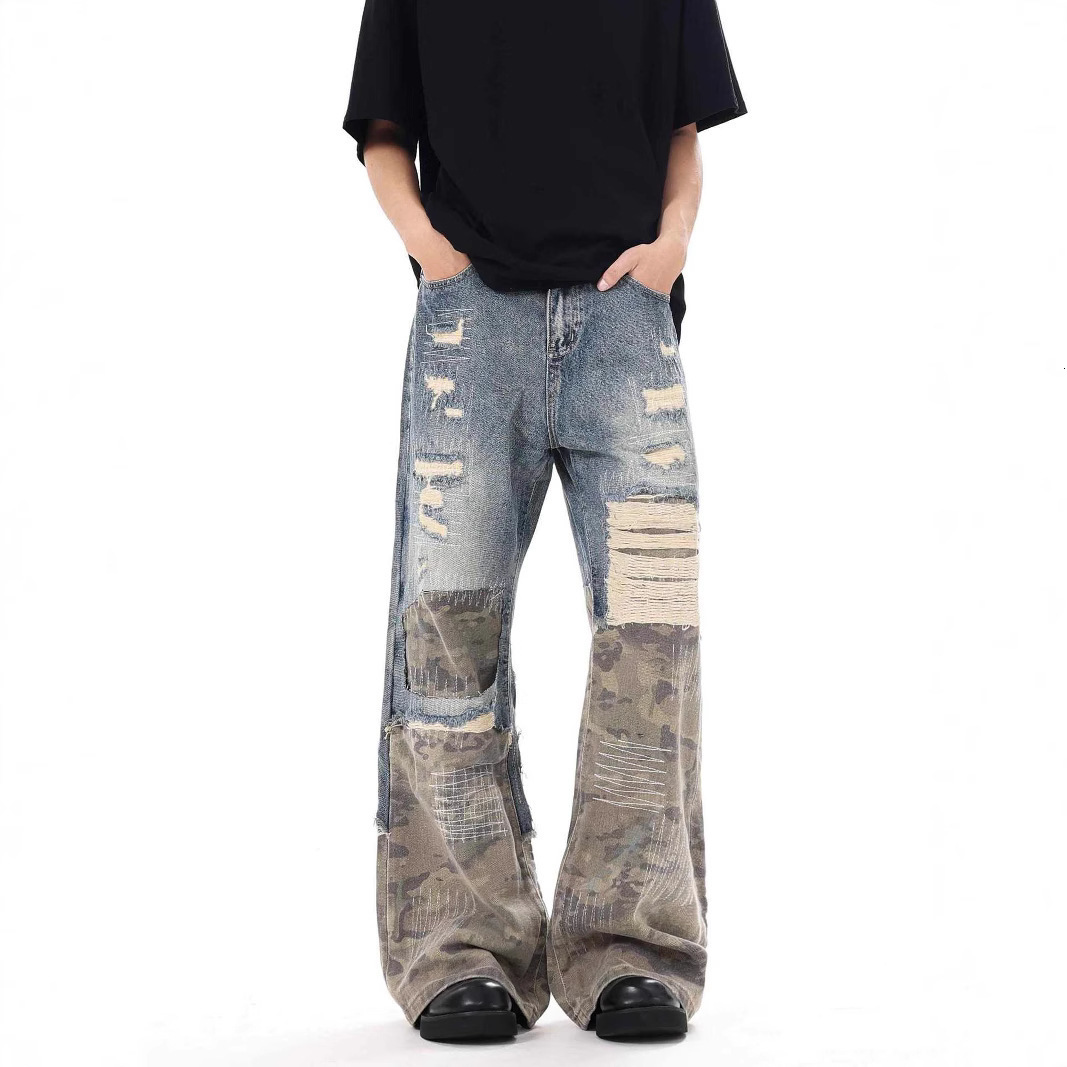 Streetwear Men Leopard Trend Print Harajuku Flared Jean Vintage Distressed Patchwork Letter Y2K Punk Aesthetic Wide Denim Pants 251008