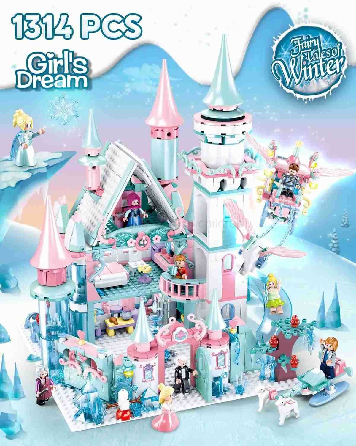 Disney 1314PCS Frozen Magic Castle Building Blocks Ice Queen Princess Carriage Model Bricks Set With Figures Girls Gift Childrens Toys W20250421