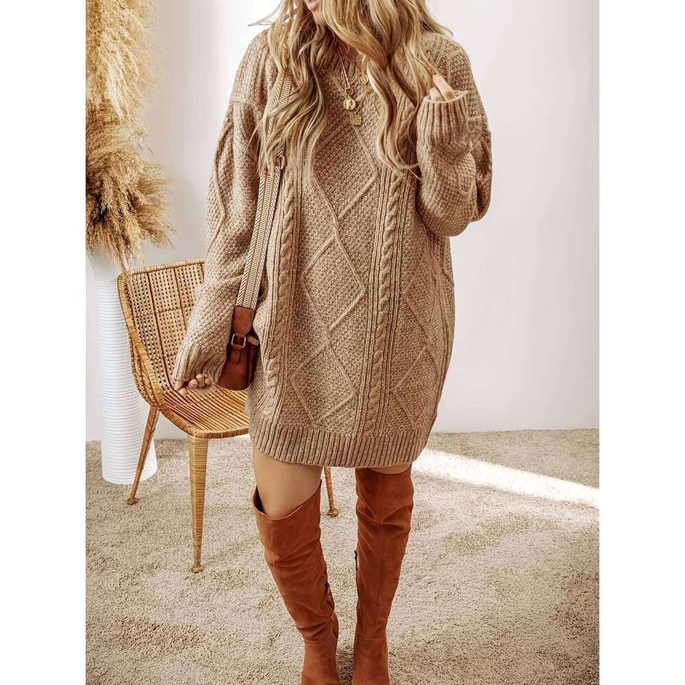 European American Autumn And Winter Knitted Casual Loose Round Neck Pullover Cable Knit Sweater Dress For Women