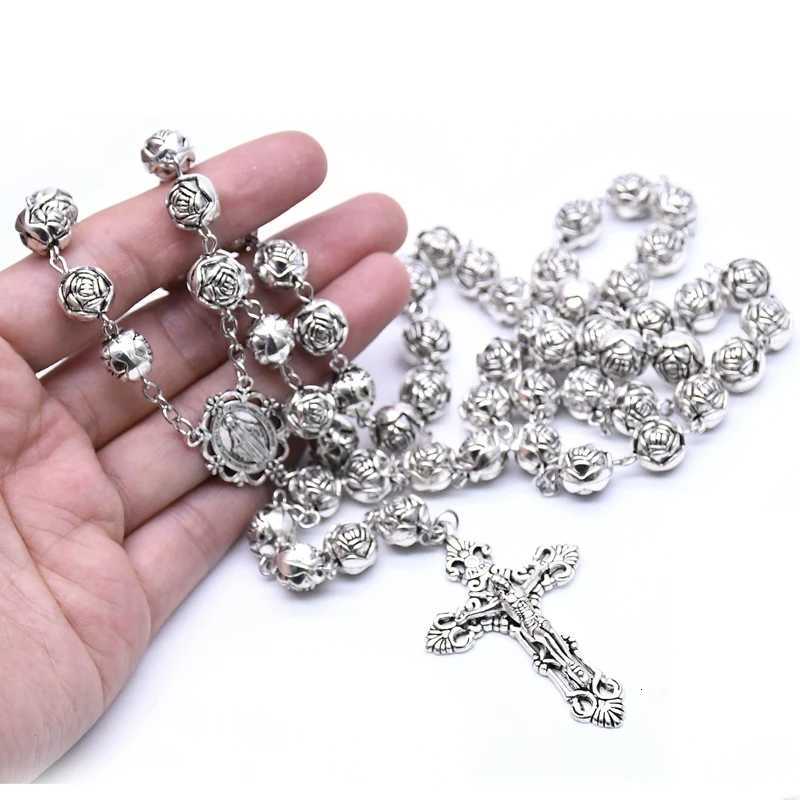 QIGO 10mm Vintage Cross Pendant Plastic Rose Rosary Necklace Catholic Prayer Jewelry GiftsXJ251121