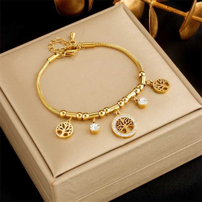 316L Stainless Steel Elegant Gold Color Tree - of - Life Charms Bracelet With Shiny Zircon Stone For Womens Daily WearW251121
