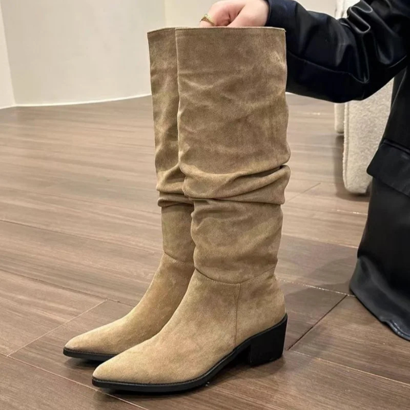 Retro pleated suede Long boots for women winter fashion chunky stiletto sexy Large size versatile womens 251121