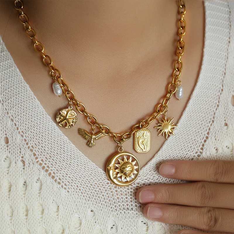 EILIECK 316L Stainless Steel Sun Heart Flower Pendant Necklace 18K Gold Plated Accessories Charm Handmade Jewelry For Women GirlXJ251121