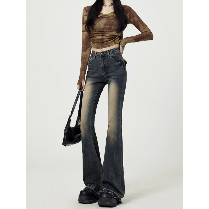 Designer luxury Vintage Flared Jeans for Women 2025 New Early Autumn High Waist Slim Fit Frayed Hem Slimming Bootcut Stretch Pants