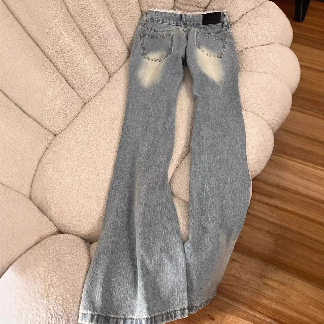 Light Lace Trim Flared Straight Leg Jeans Womens Retro Low Waist Slimming Non Fitting Model Casual Fashion 251113