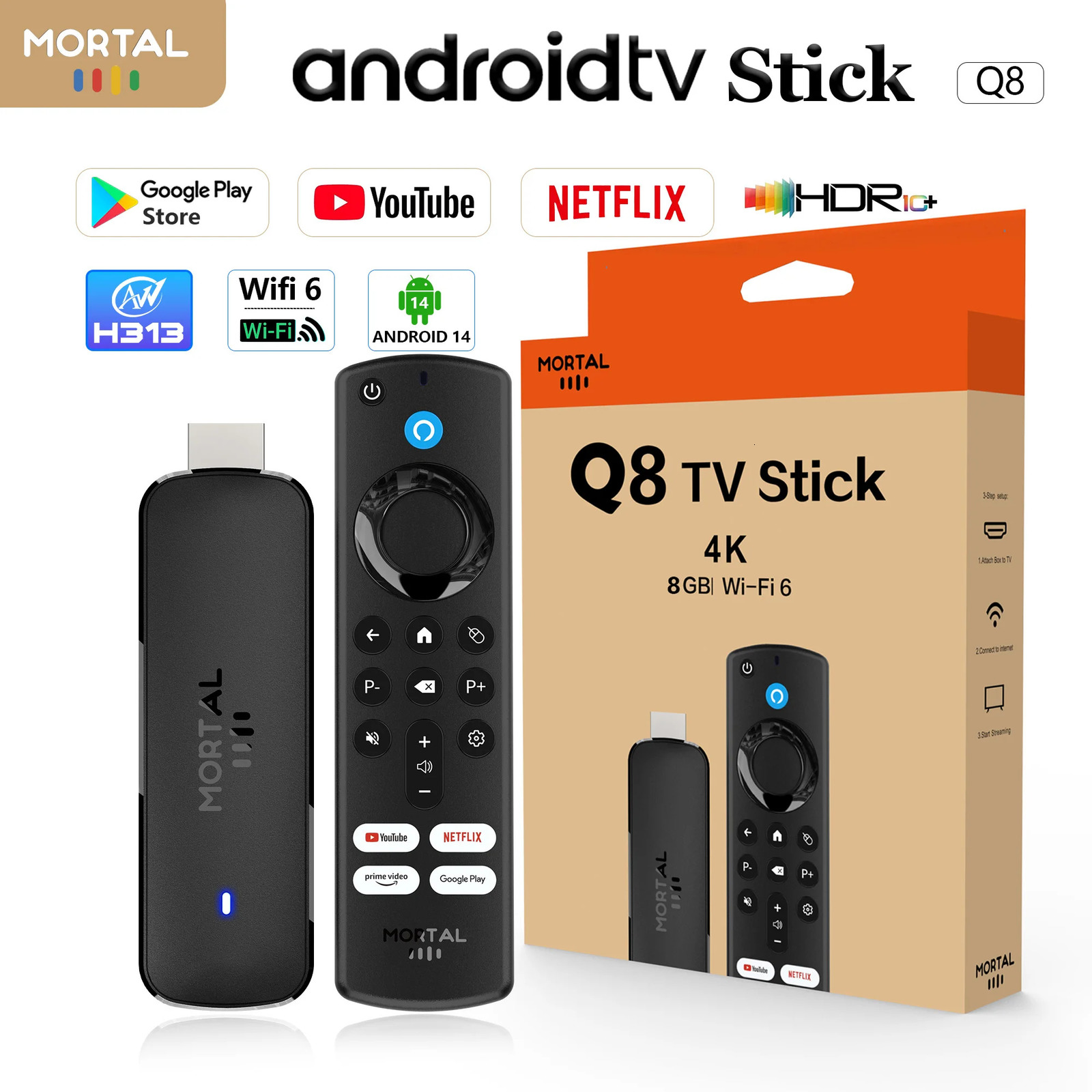 Android14 TV Stick Mortal Q8 Global Version Allwinner H313 Chip Wifi6 Voice Remote 8K 4K60fps Stream TV stick 2G8G16G 251114