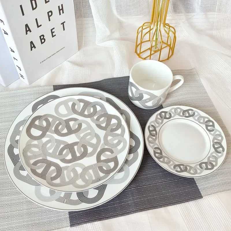 Simple European modern fresh ceramic Western food board bone steak decorative tableware runway cups and plates S25421