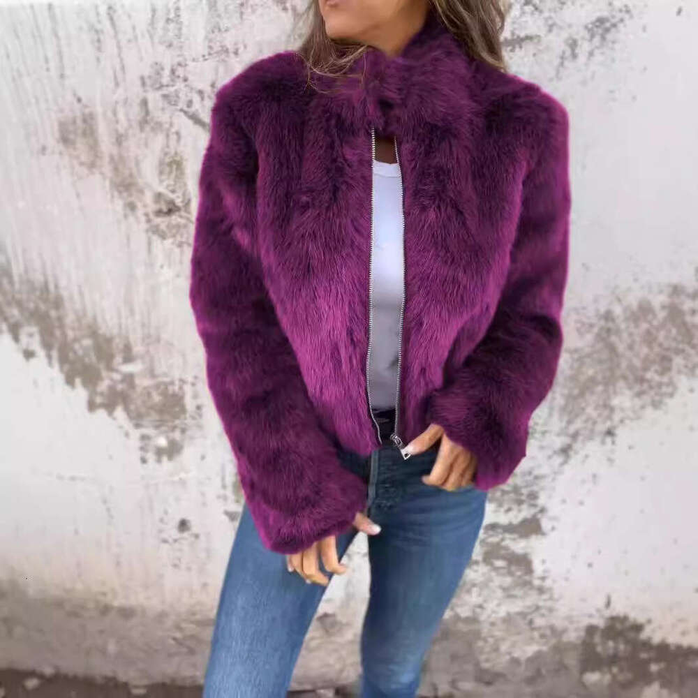 Fashion European Women's and Amazon American CrossBorder New Autumn Winter Faux Fur High Collar Zipper Short Casual Jacket Coat