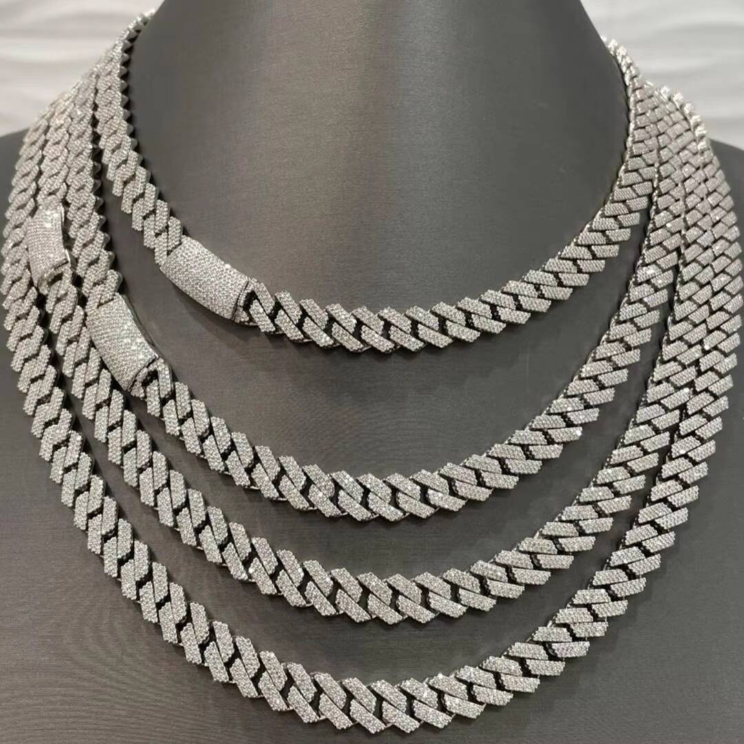 Hot Selling Hip Hop Iced Out VVS Moissanite 10mm Mens 925 Silver Cuban Link Chain Necklace