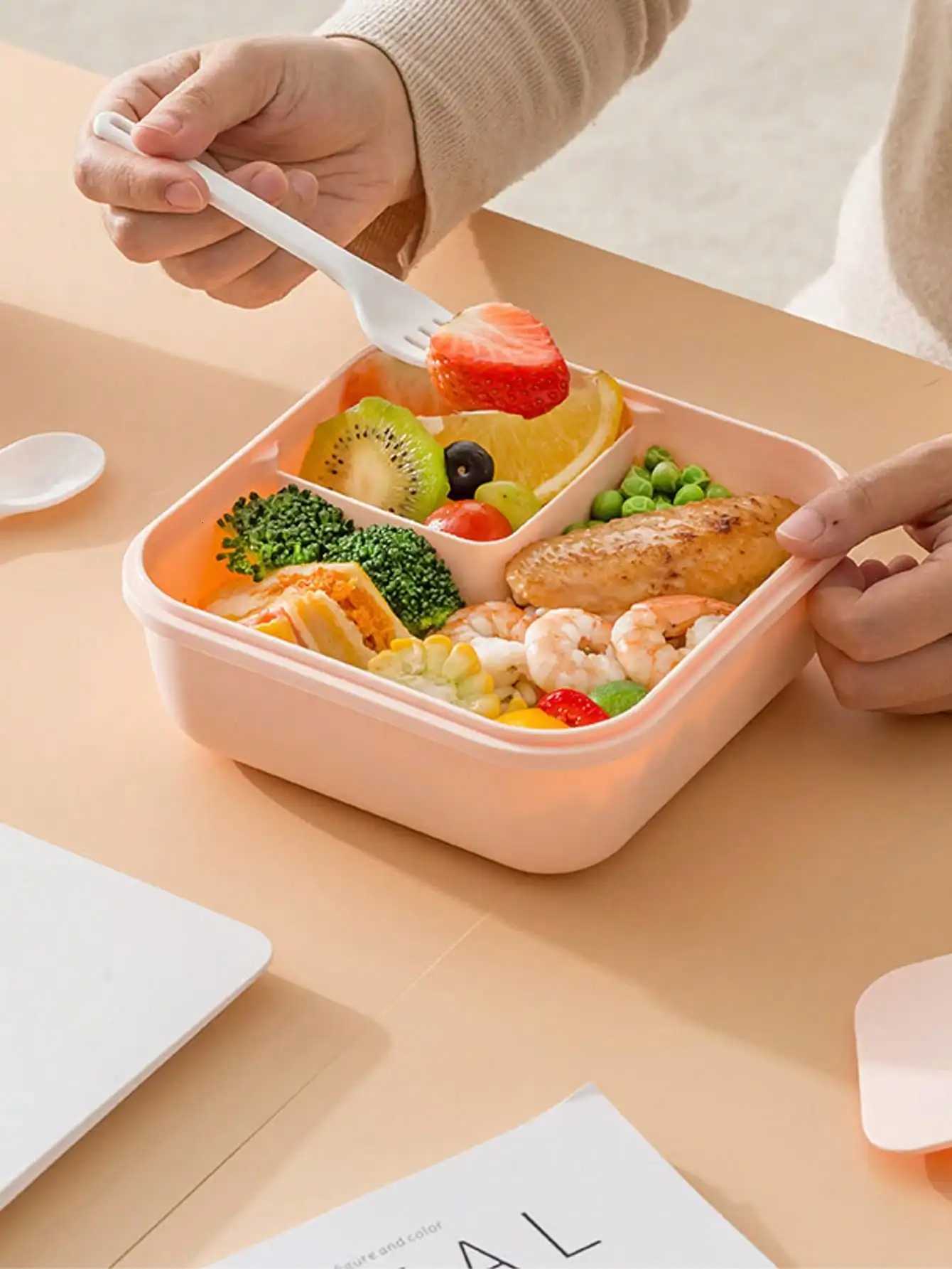 1pc Large Capacity Plastic Lunch Box With Fork Spoon Reusable Microwave Oven Bento Box Leakproof Food Container Portable FruM251121