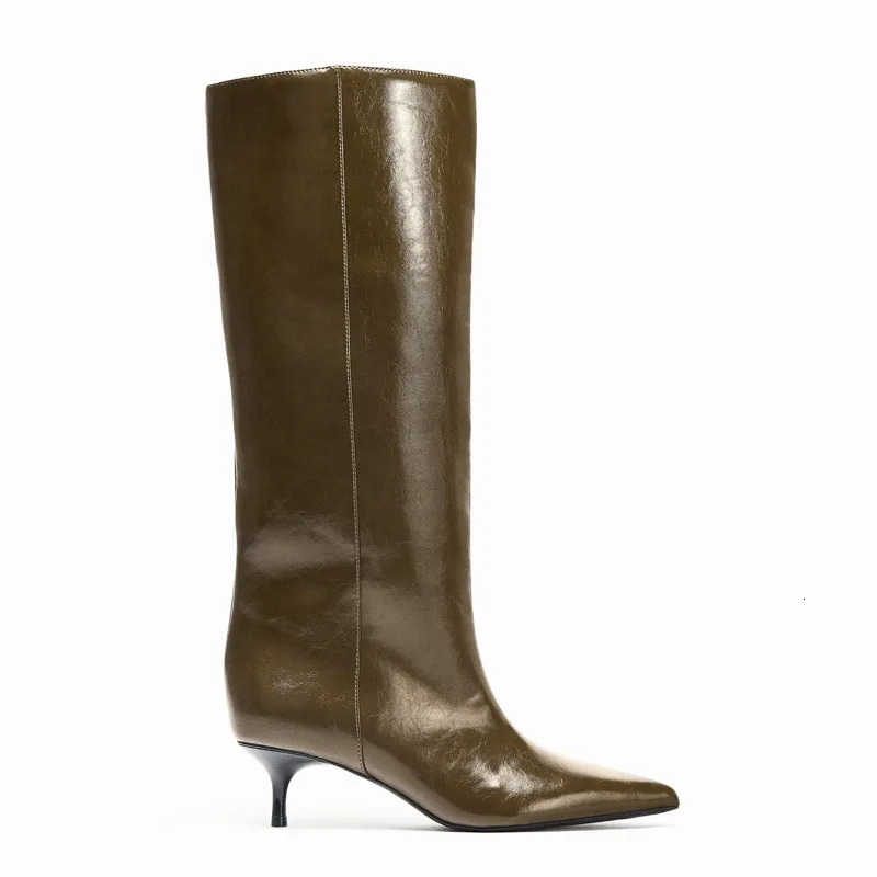 Winter Khaki Green Womens Knee High Boots y ner Leather Pointed Toe Kitten Heels Boot Stylish Knight Women 251121