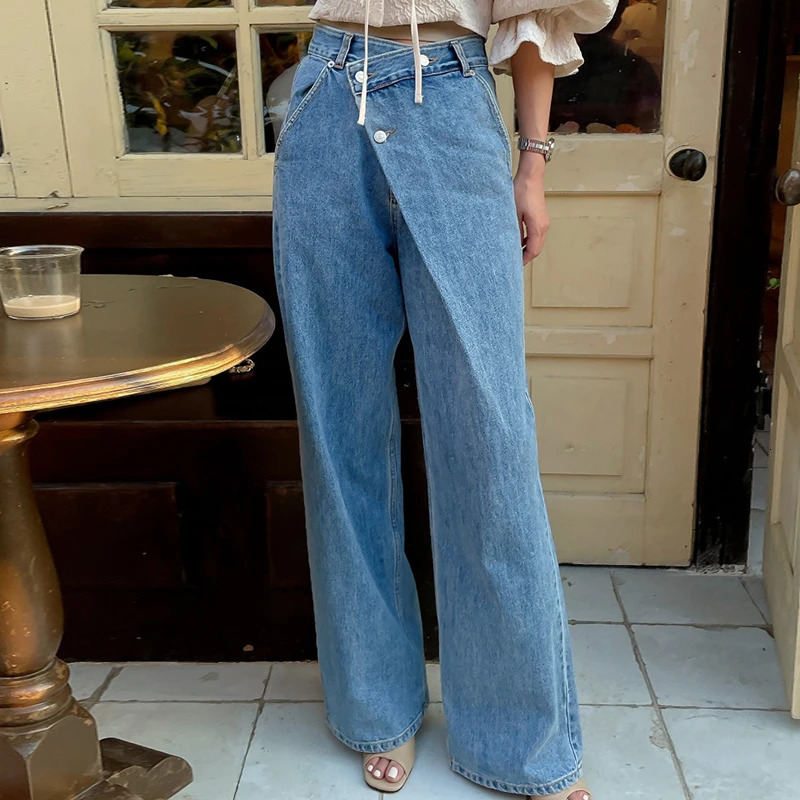 High Waist Wide Leg Jeans Womens Autumn Vintage Chic Asymmetrical Bule Long Pants Versatile Faionable Deep Color 251113