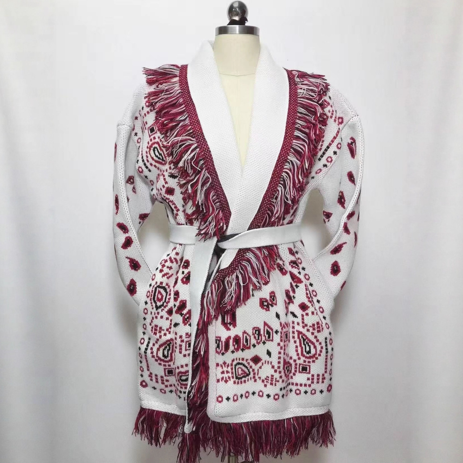 Autumn and winter thick tassel jacquard mid length cardigan womens loose color blocked lapel sweater jacket 230823Z