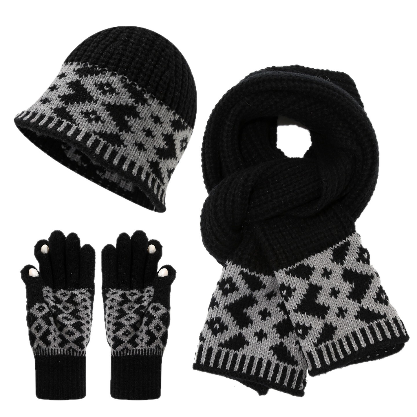 Autumn Winter Hat Warm Knitted Pullover Hat Scarf Gloves Three-Piece Set for Women Ethnic Style Fashion Ear Protection Cold-Proof Set Trendy free ship