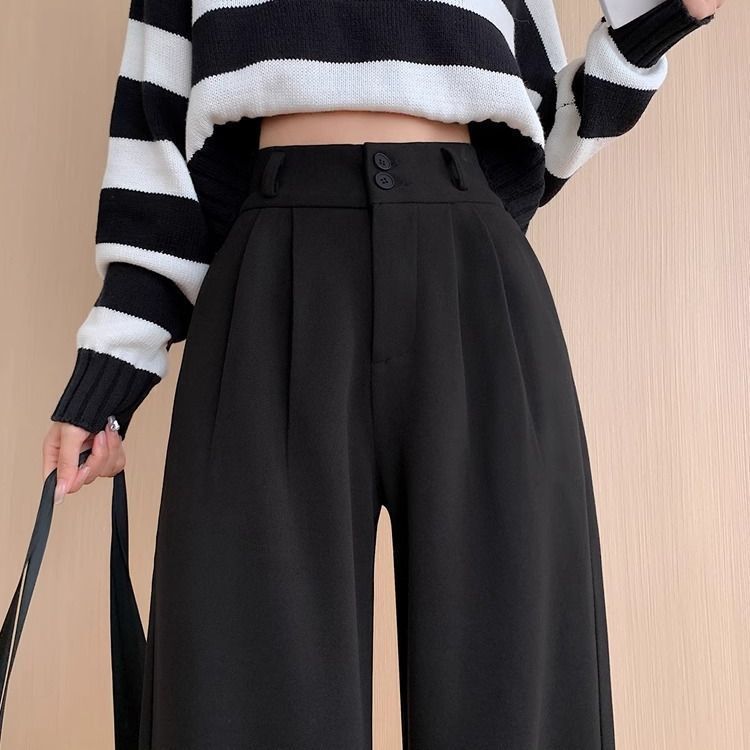 Designer luxury Gray Woolen Suit Pants for Women, Autumn Winter 2025 New High Waist Fleece Narrow Version Petite Loose Straight Wide Leg Pants
