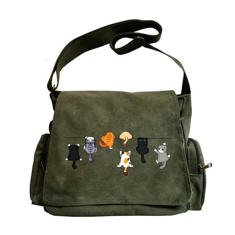 Adorable Cat-Themed Womens Crossbody Bag Large Capacity Canvas Students Book Bag Army Green Females Shoulder BagT251121