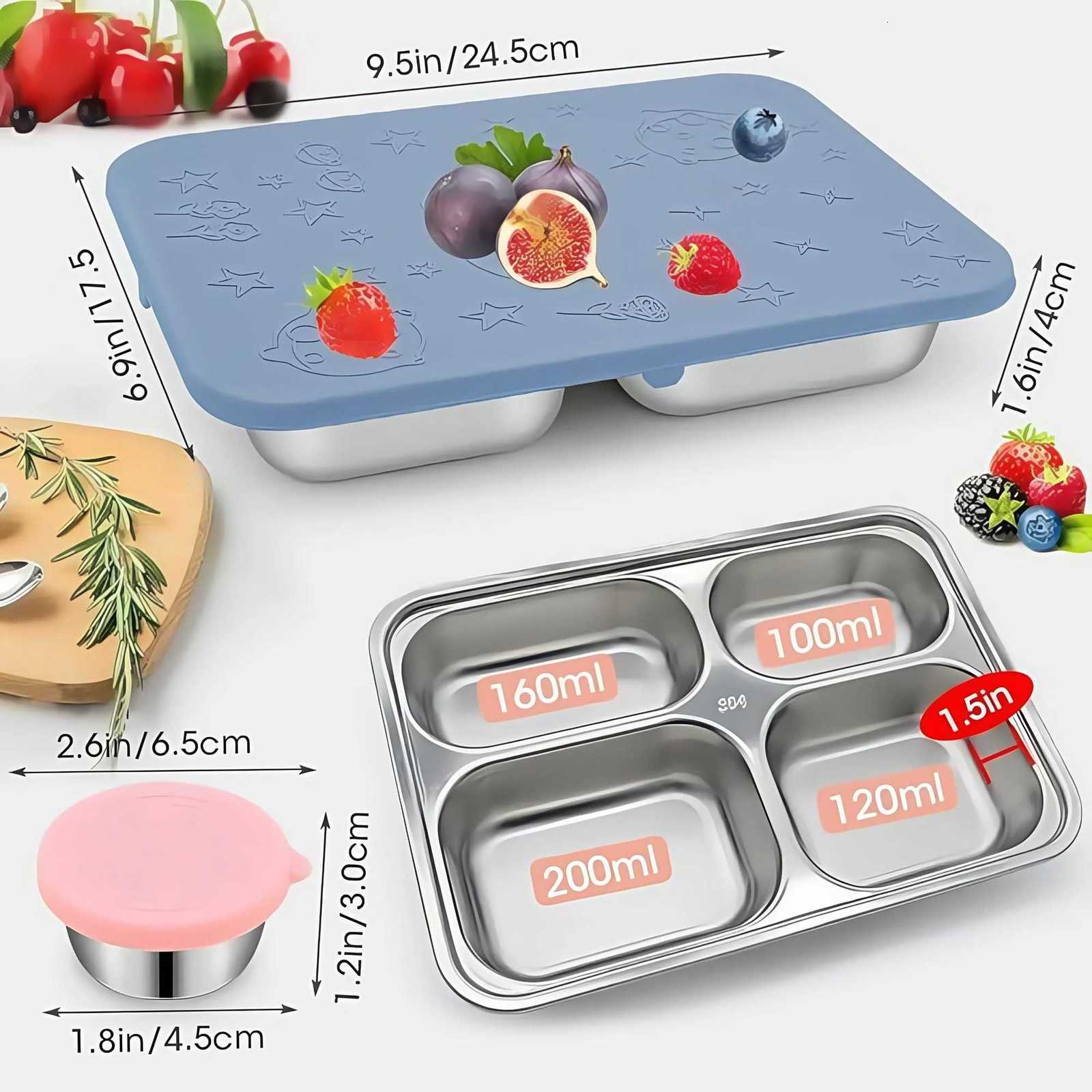 Stainless Steel Kids Lunch Box with 4 Compartments Silicone Lid 65cm for Small Container Ideal for School Meals SnacksM251121