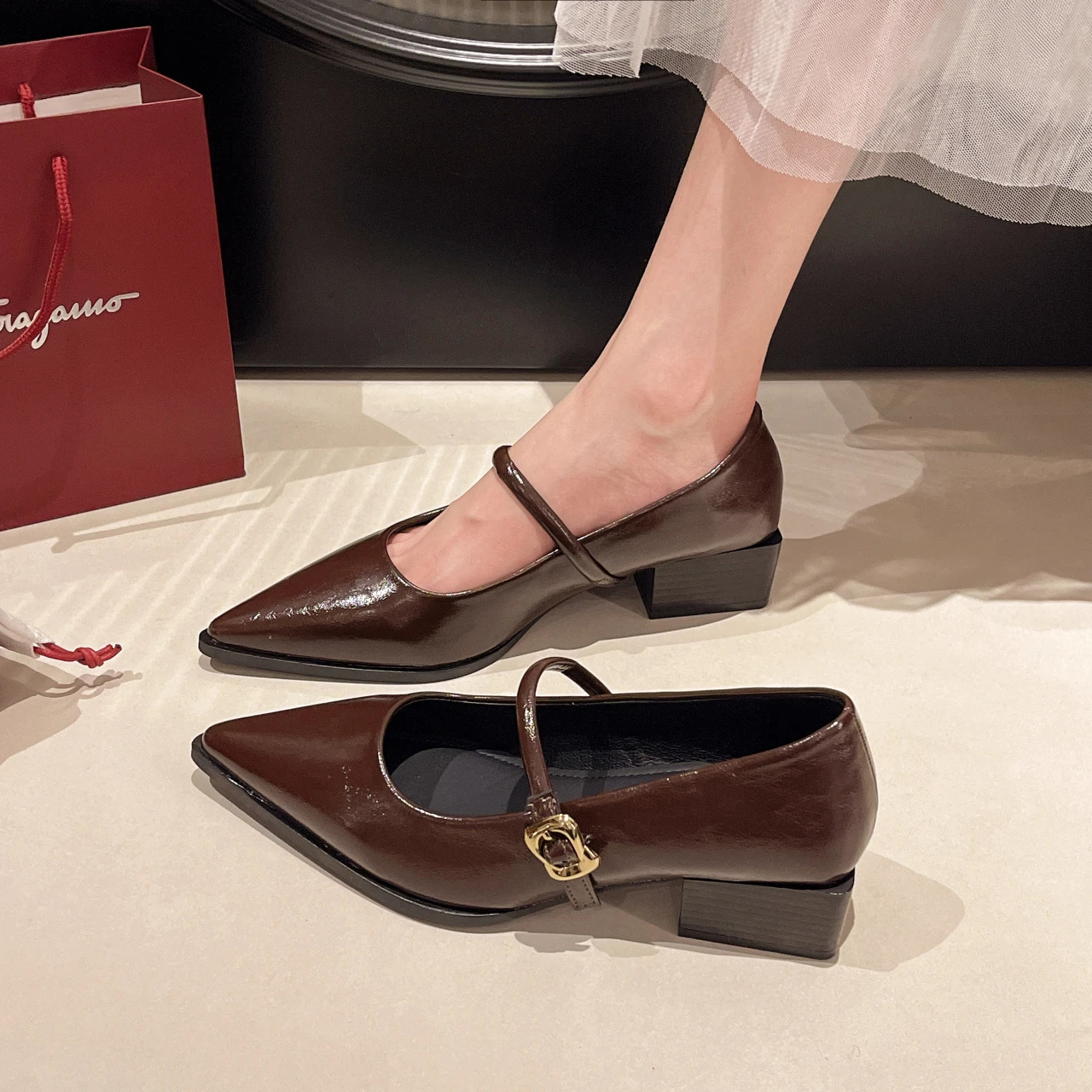 Retro Style Thick Heel Women Mary Jane Shoes Fashion Shallow Pointed Toe Ladies Comfort Office Pumps Footwear Low 251121