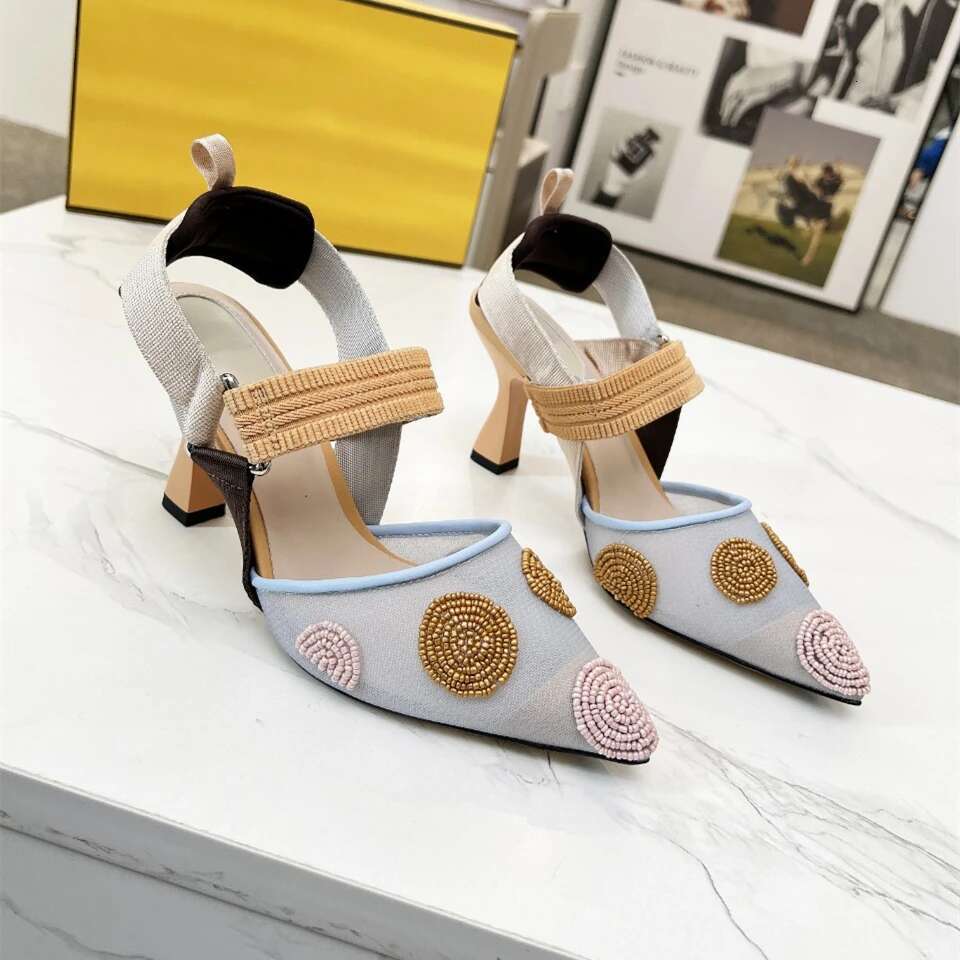 Women Size35-42 Genuine Leather Pumps Super High Heels Mesh String Beads Sandals Pointed Toes Shoes atillas De Mujer