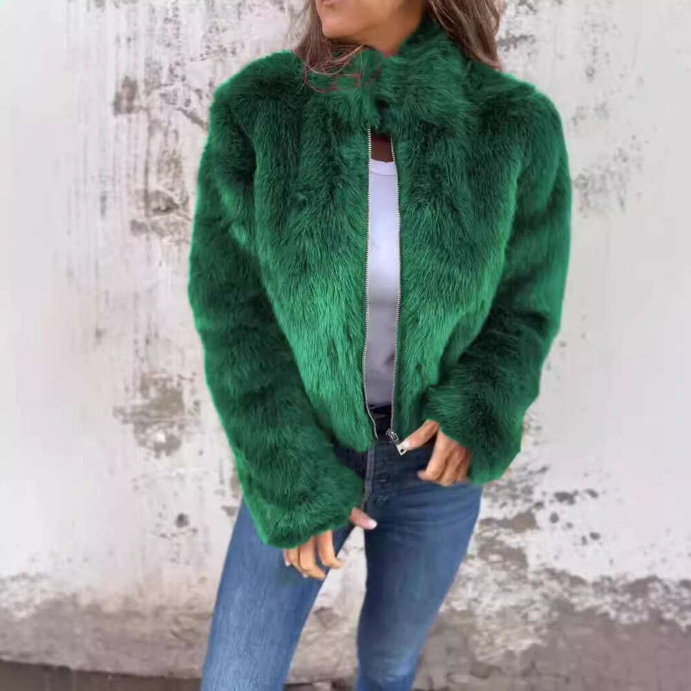 Fashion European Women's and Amazon American CrossBorder New Autumn Winter Faux Fur High Collar Zipper Short Casual Jacket Coat