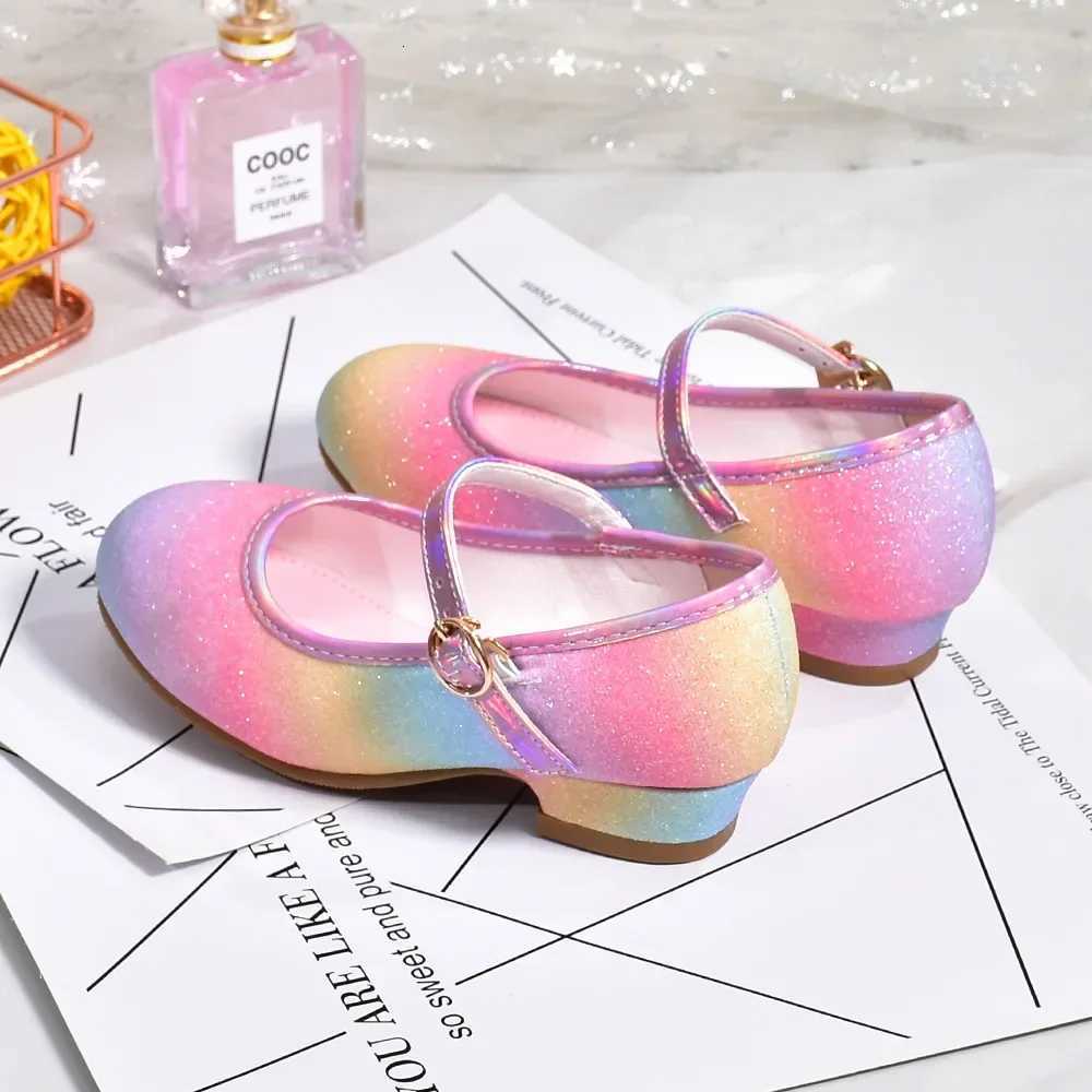 Princess Shoes for Girls Spring Autumn Glitter Fashion Kids Dress Leather Shoe Rainbow Sequins Children Party Wedding High HeelsW251121