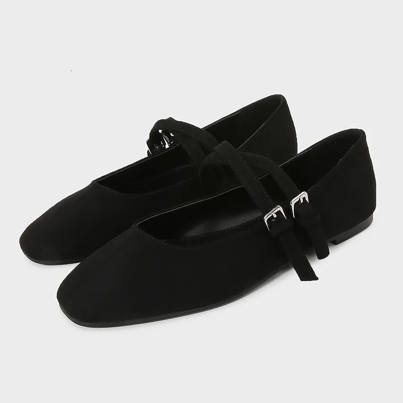 Black Cross Tied Satin Ballet Flats Women Fashion Square Toe Shallow Buckle Mary Jane Shoes Elegant Comfort ner 251121