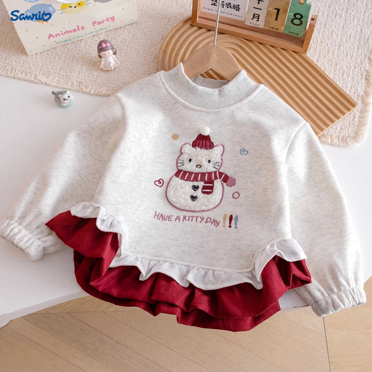 Sanrio Girls Winter Velvet Sweatshirt New Sweet Cartoon Hello Kitty Snowman Warm Top Thickened Splicing Ruffle Hemline Pullover H251121